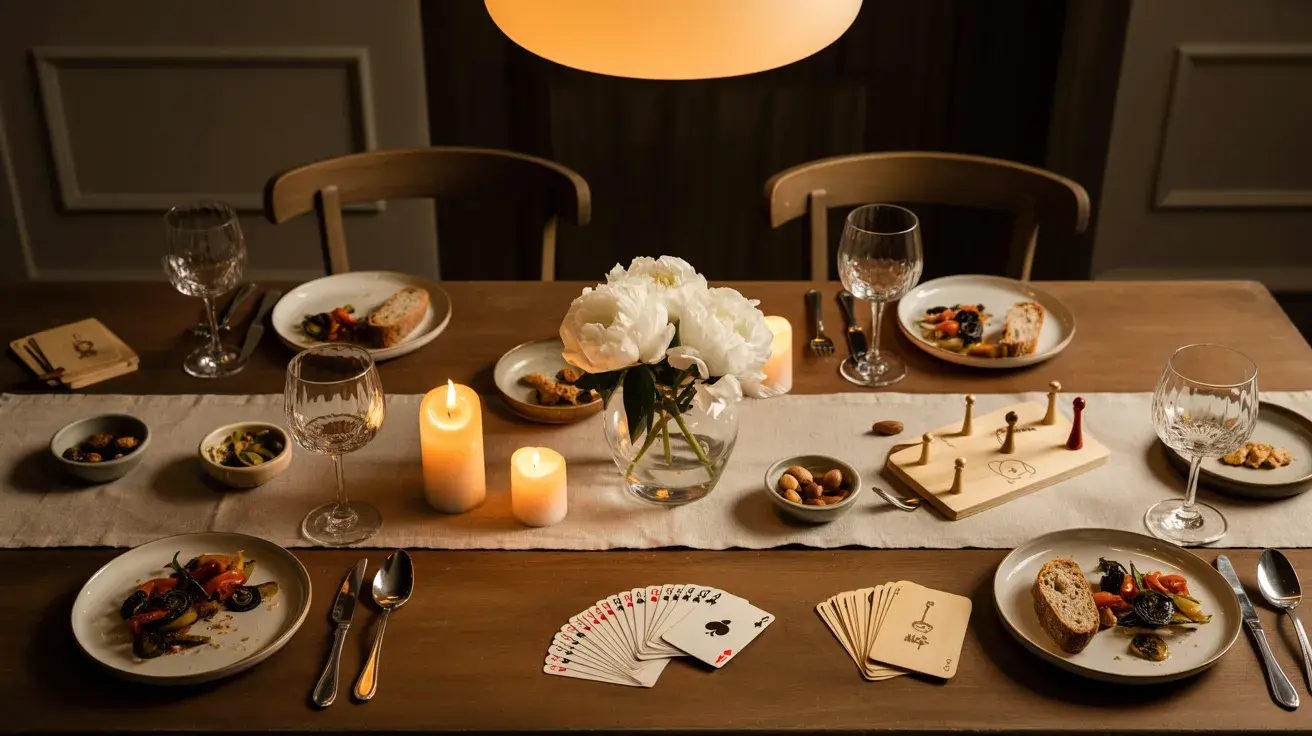 Cozy candlelit dinner table set for a party with cards, small games, and neatly arranged dishes