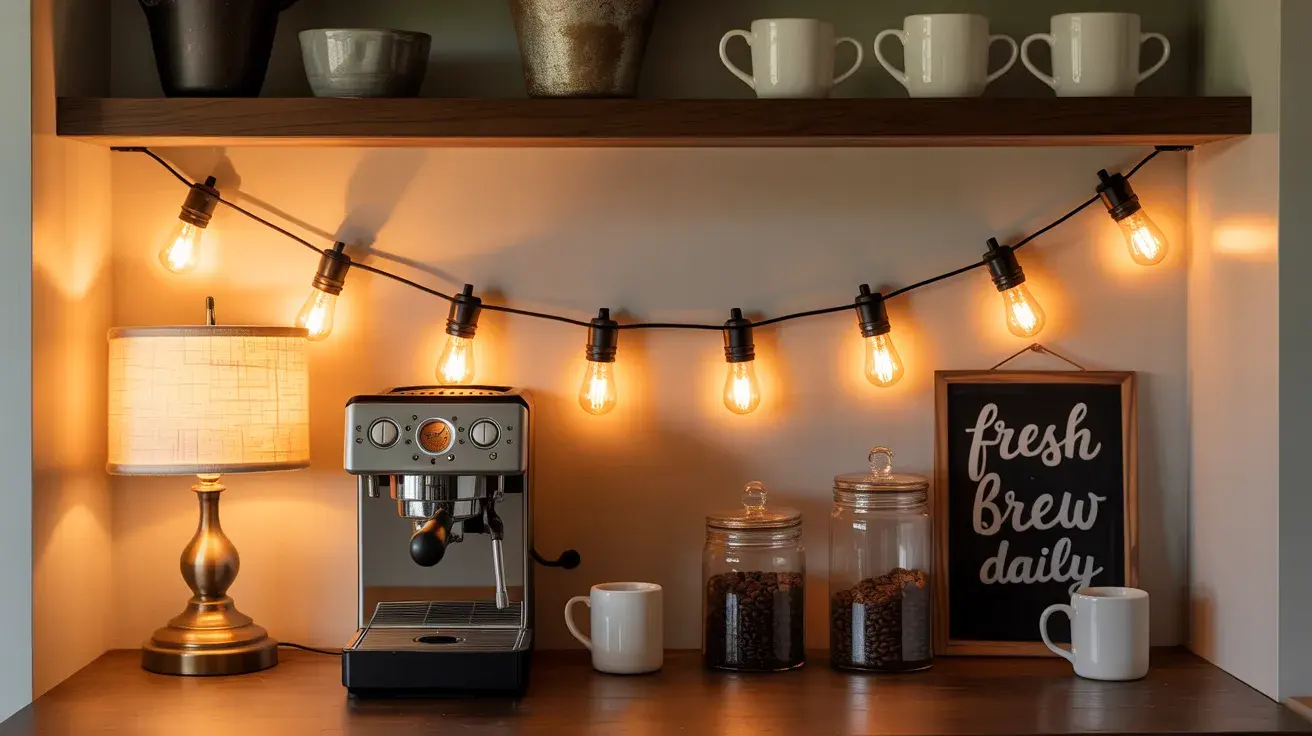 Cozy coffee station with espresso machine, jars, mugs, and warm string lights with a “Fresh Brew Daily” sign