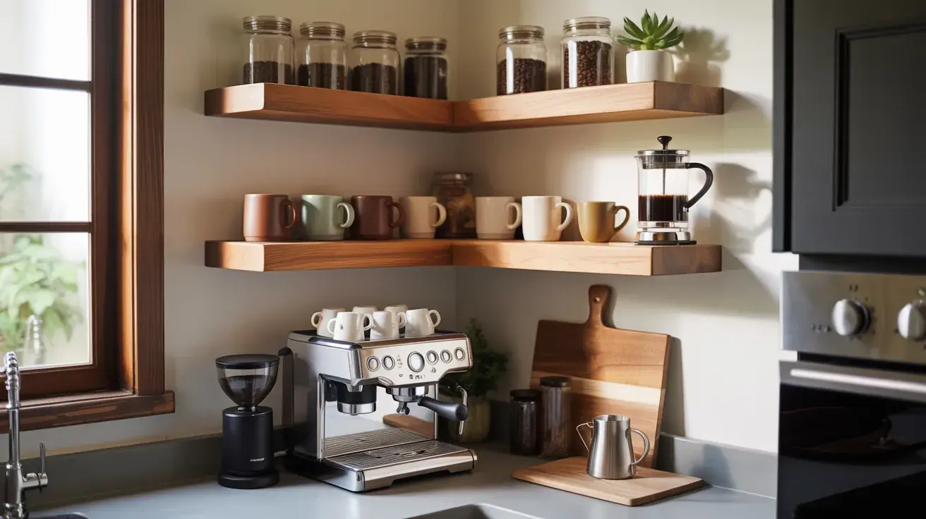 Cozy kitchen corner with wooden floating shelves holding mugs, jars, and a coffee setup including an espresso machine and French press
