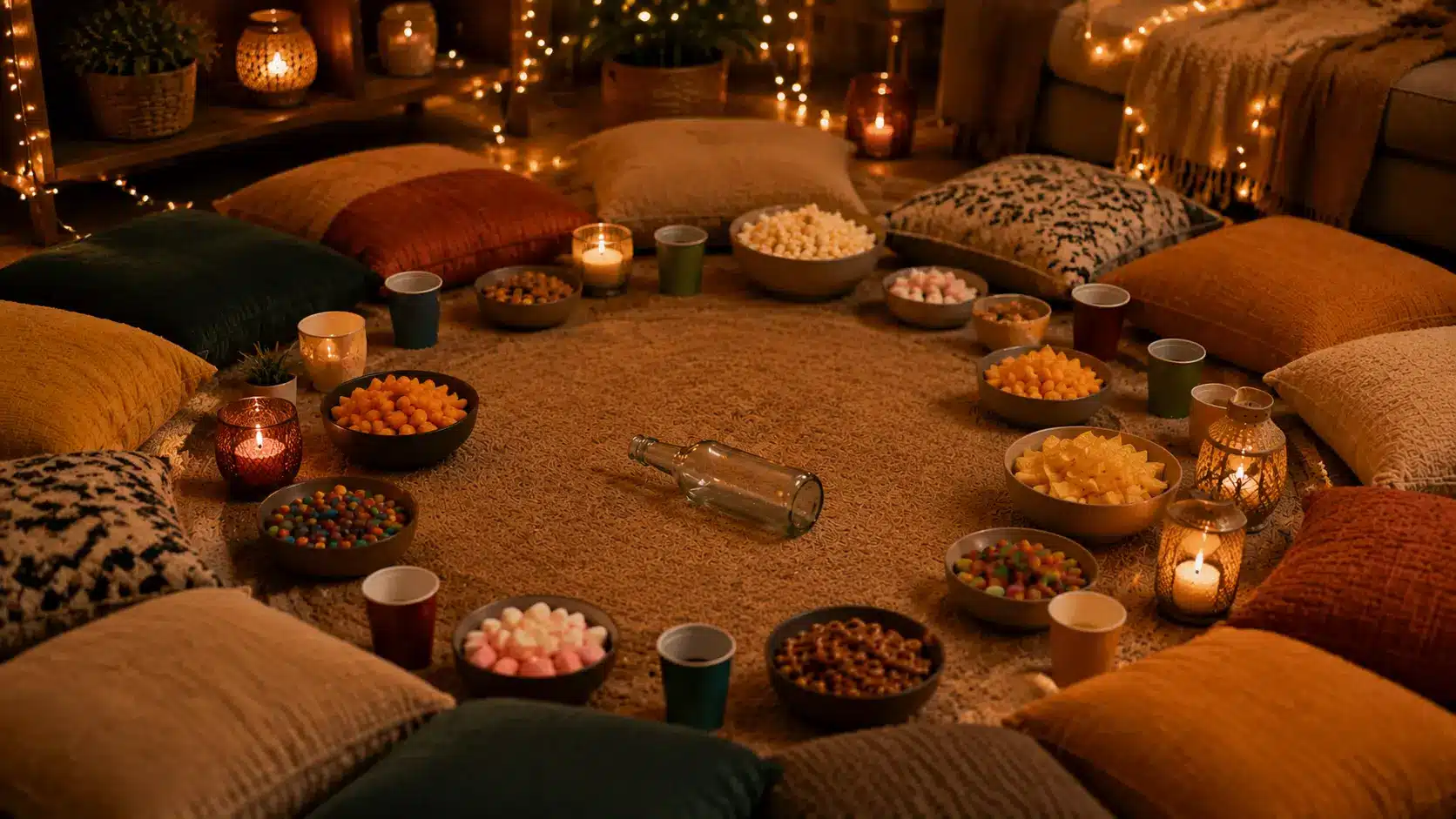 Cozy sleepover game night setup