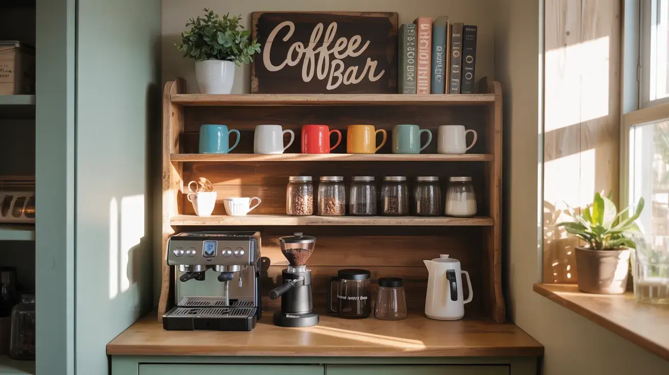 Cozy wooden coffee bar setup with shelves holding colorful mugs, jars, and an espresso machine beneath a “Coffee Bar” sign