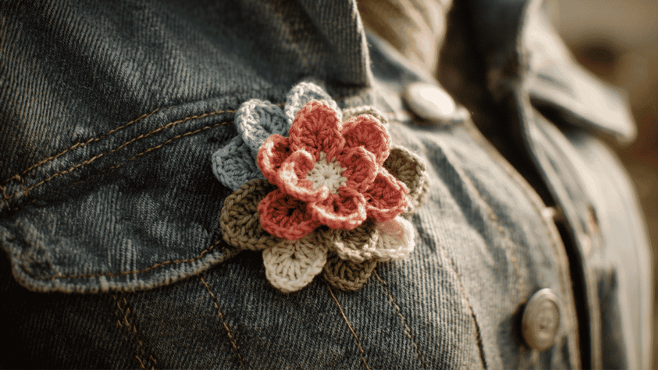 Crochet flower brooch pinned to a jacket showing layered colorful petals