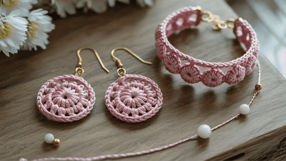 Crochet jewelry including earrings and bracelet displayed on a wooden surface