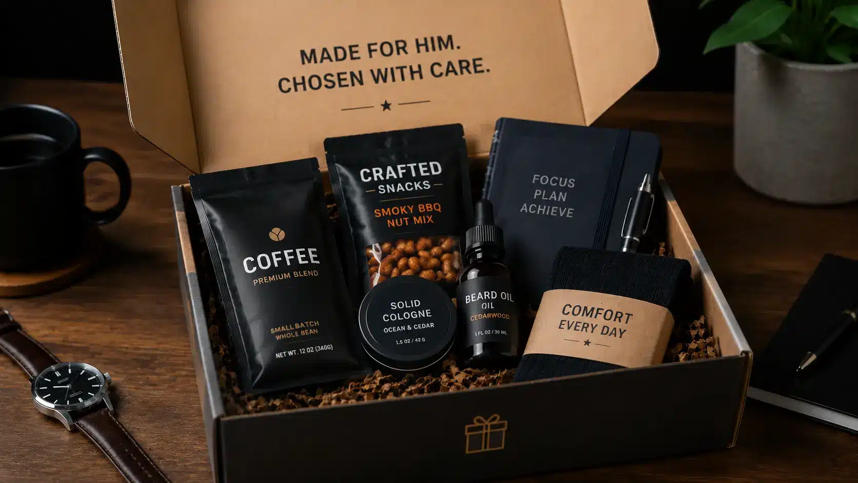 Curated men's gift box on wood