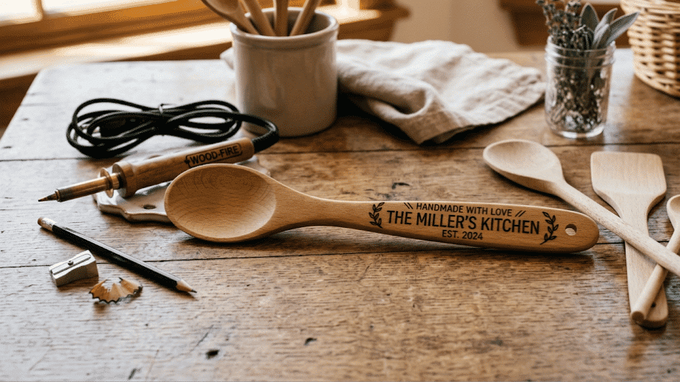 Engraved wooden spoon on a table with a wood burning pen, pencil, and extra wooden utensils.