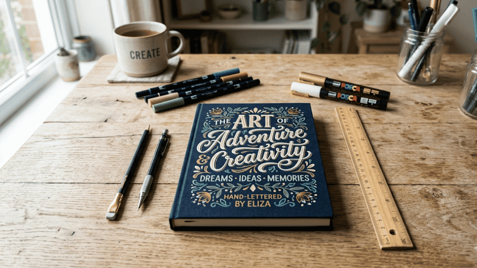 Hand-lettered notebook on a table with brush pens, paint markers, pencil, and ruler.