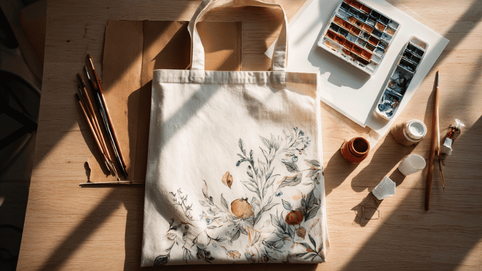 Hand-painted canvas tote bag on a table with paints, brushes, pencil, palette, and cardboard.