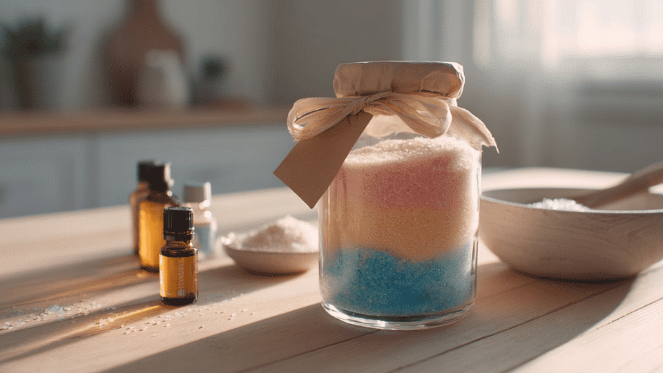 Jar of layered bath salts on a table with ribbon, essential oils, food coloring, and mixing bowl.
