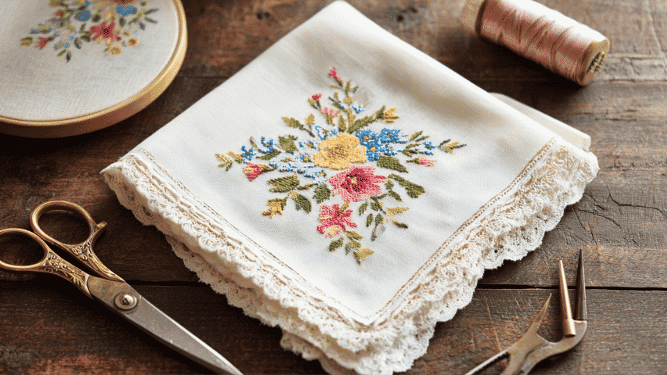 Embroidered handkerchief on a table with thread, needle, hoop, scissors, and plain fabric.