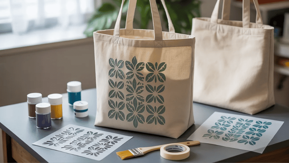 Stenciled fabric tote bag on a table with fabric paint, stencil, sponge brush, tape, and plain tote.