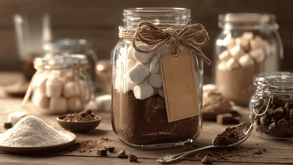 Mason jar of layered hot chocolate mix on a table with ribbon, tag, and ingredients nearby.