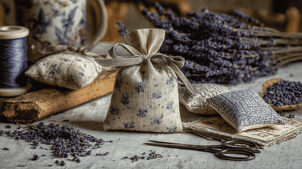 Lavender sachets on a table with dried lavender, fabric squares, needle, thread, and scissors.