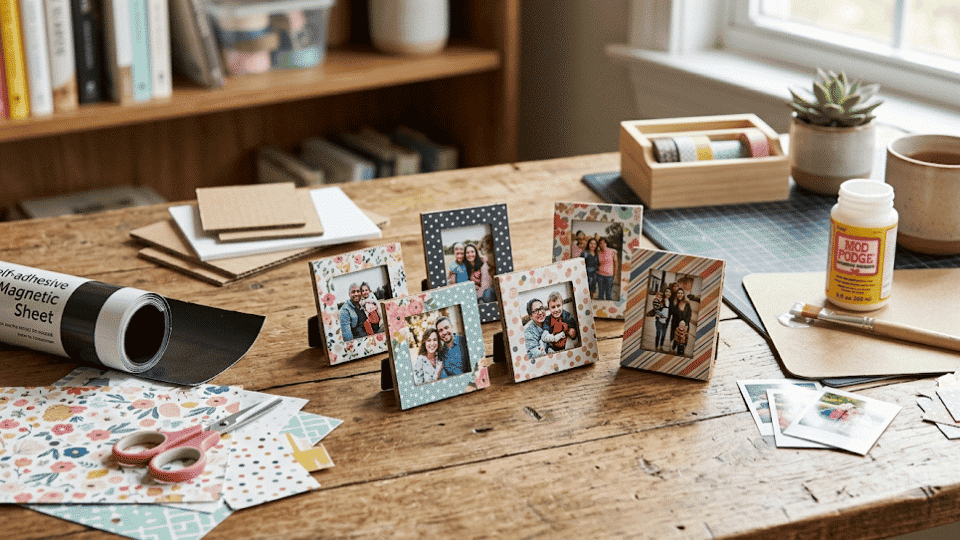 Set of magnetic photo frames on a table with photos, cardboard, glue, scissors, and magnetic sheets.