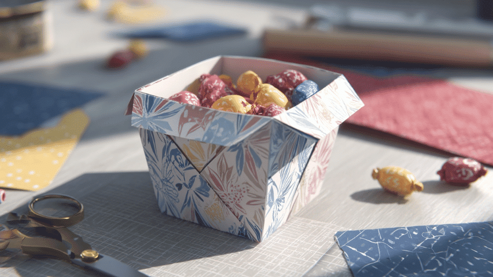 Origami gift box on a table with cardstock, scissors, ruler, and candy treats.