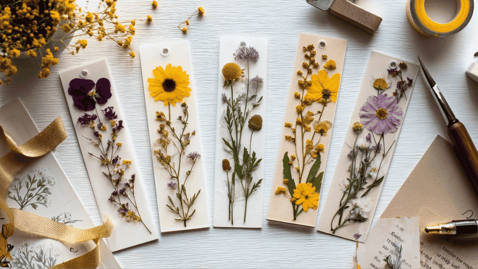 Pressed flower bookmarks on a table with cardstock, ribbon, dried flowers, and clear sheets.