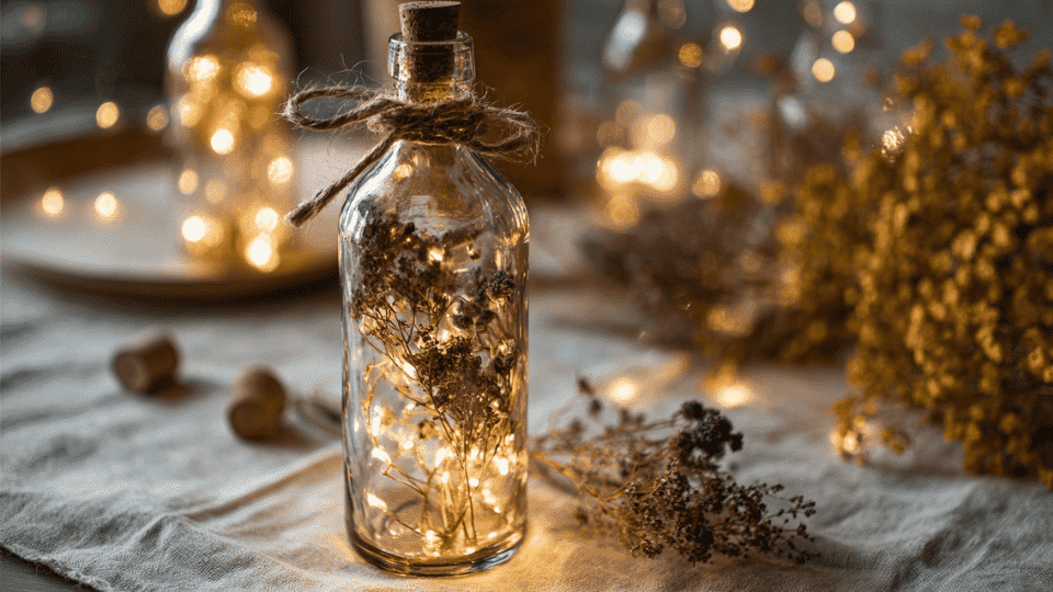 Wine bottle luminary on a table with twine, fairy lights, dried flowers, and glue.
