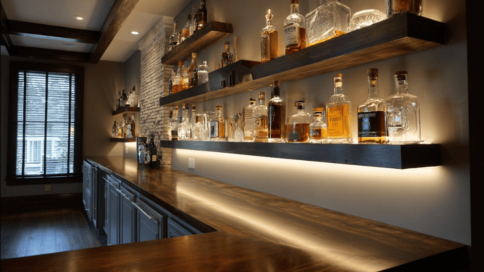 DIY bar with LED lighting creating a soft glow in a home setup.