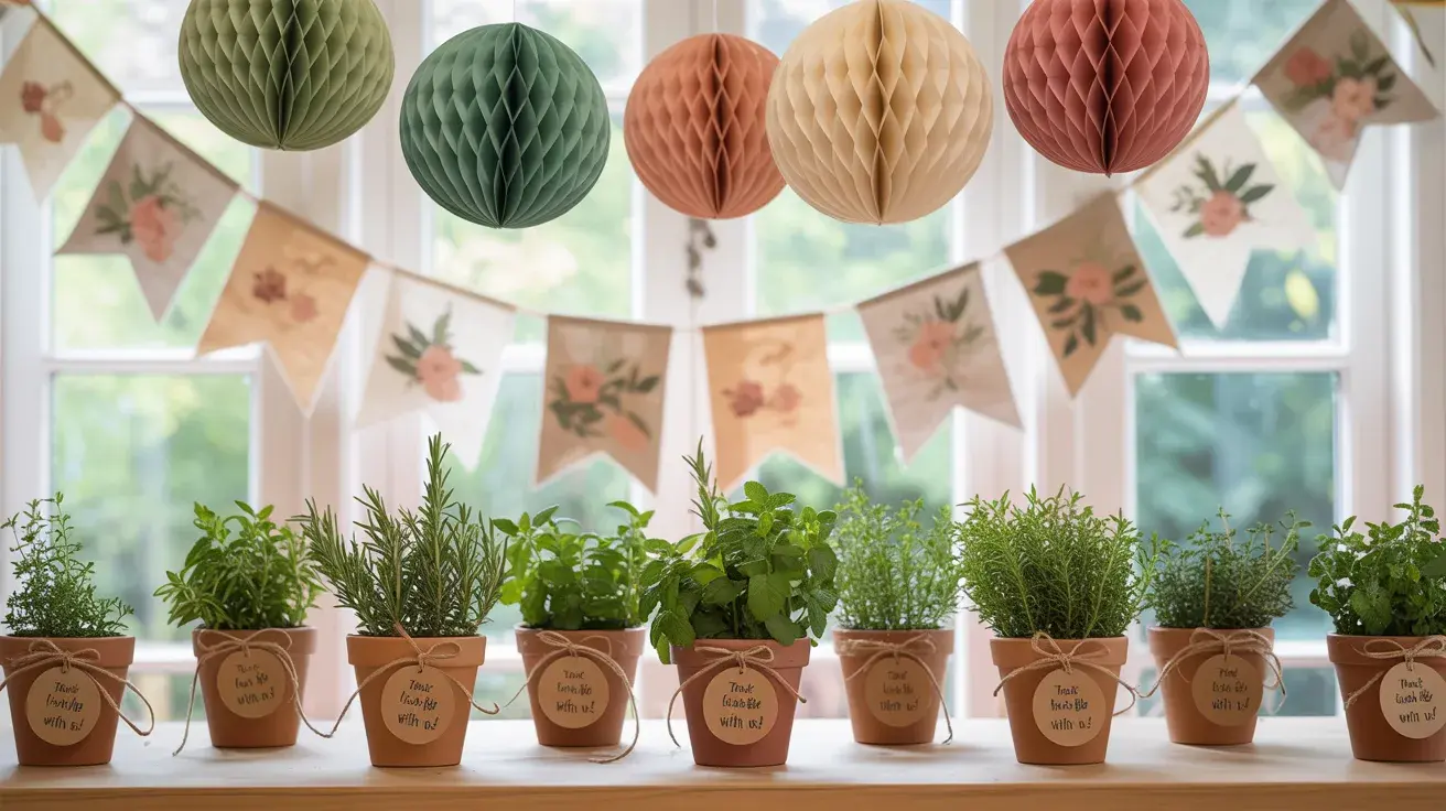 DIY birthday decor with hanging paper lanterns, floral bunting, and small potted plants arranged on a windowsill
