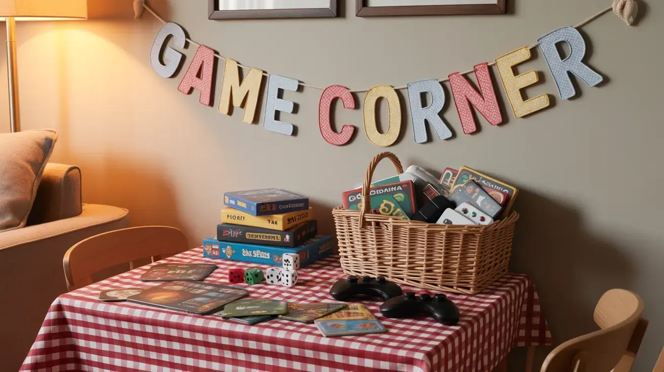 DIY birthday game corner with board games, controllers, and a “Game Corner” banner above a decorated table