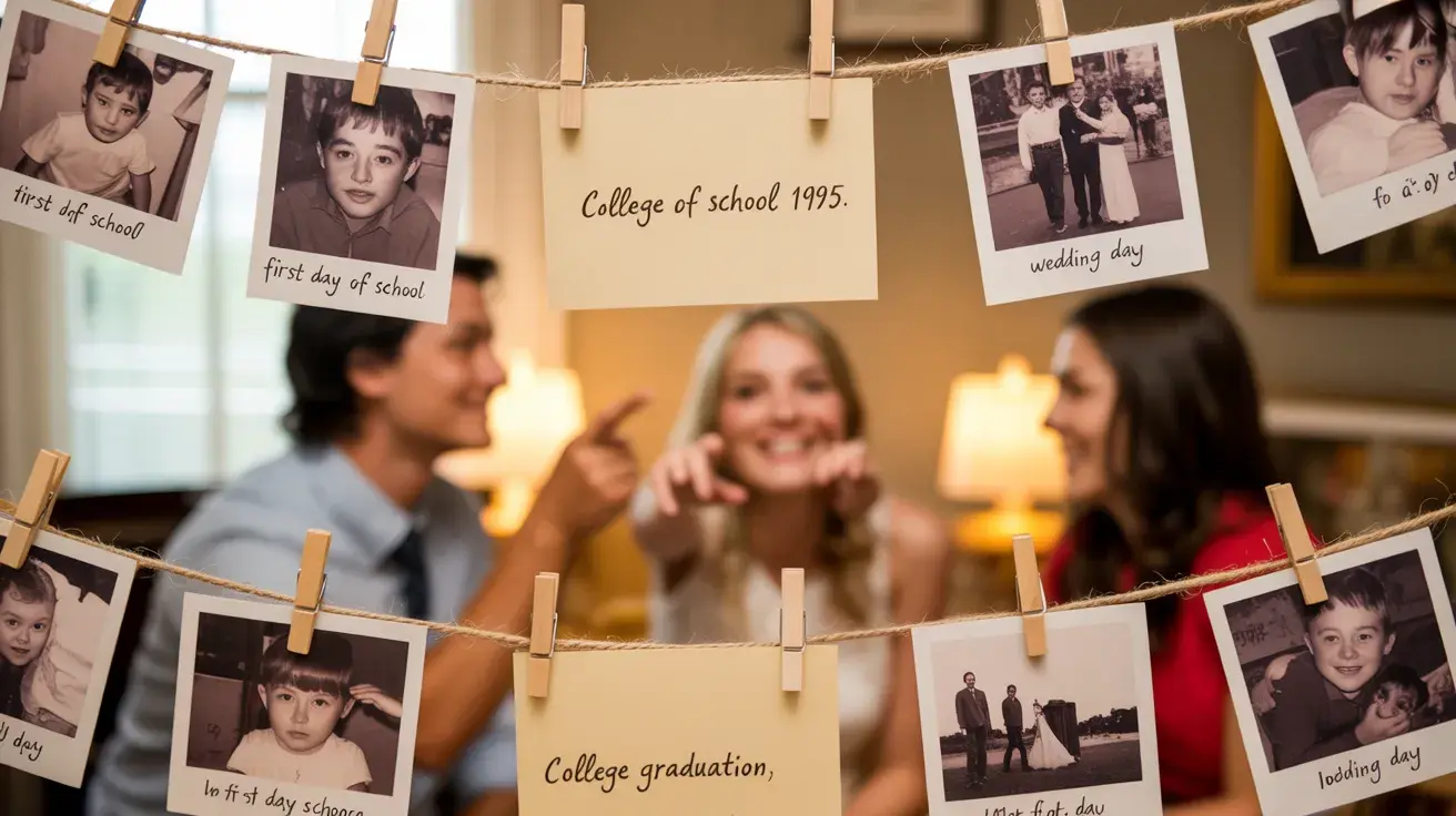 DIY birthday memory display with photos clipped on a string, showing life moments and a timeline theme