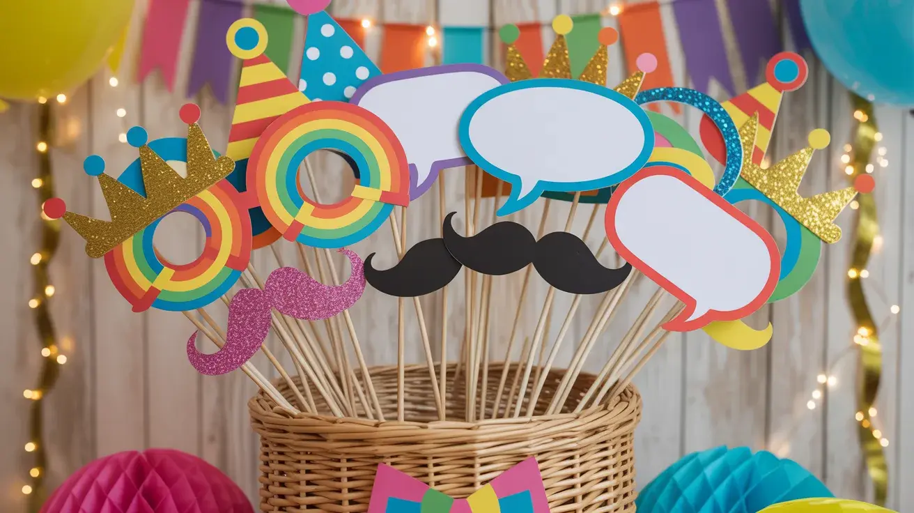 DIY birthday photo booth props with colorful glasses, crowns, mustaches, and speech bubbles displayed in a basket