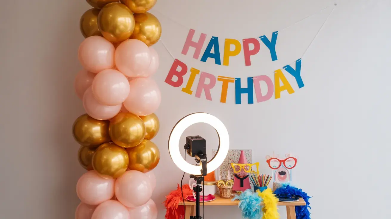 DIY birthday photo booth setup with balloon column, colorful “Happy Birthday” banner, and props arranged