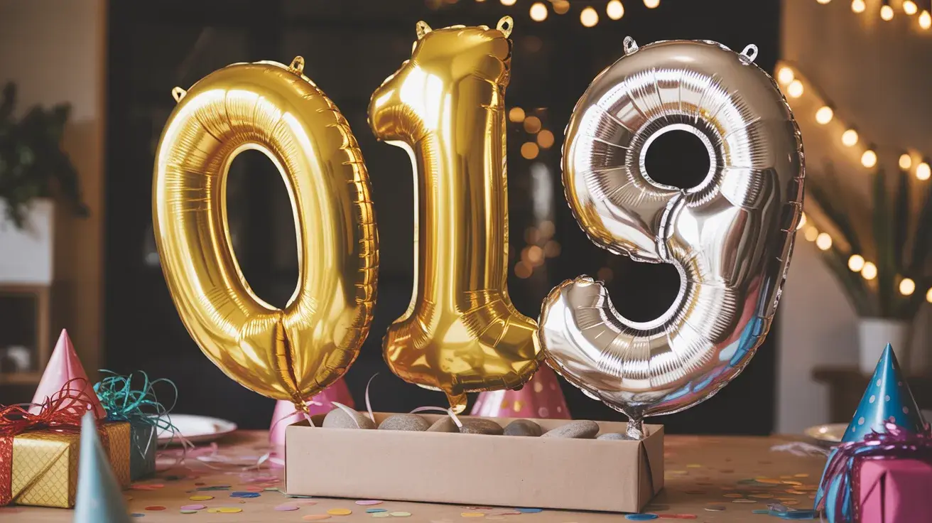 DIY birthday setup with metallic number balloons “0 1 9” displayed on a decorated party table