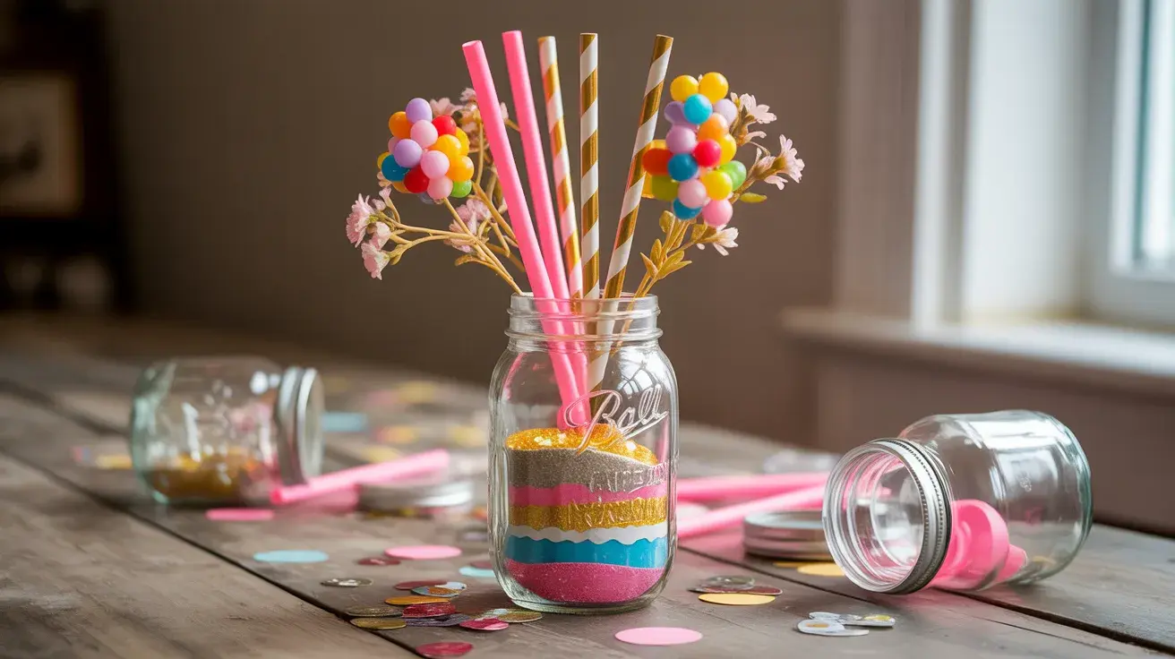 DIY birthday table centerpiece using a decorated mason jar filled with colorful straws and craft accents