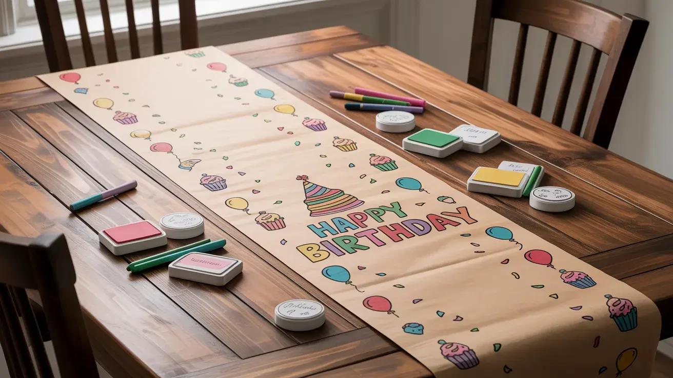 DIY birthday table runner with hand-drawn designs, markers, and ink pads set up for a creative party activity