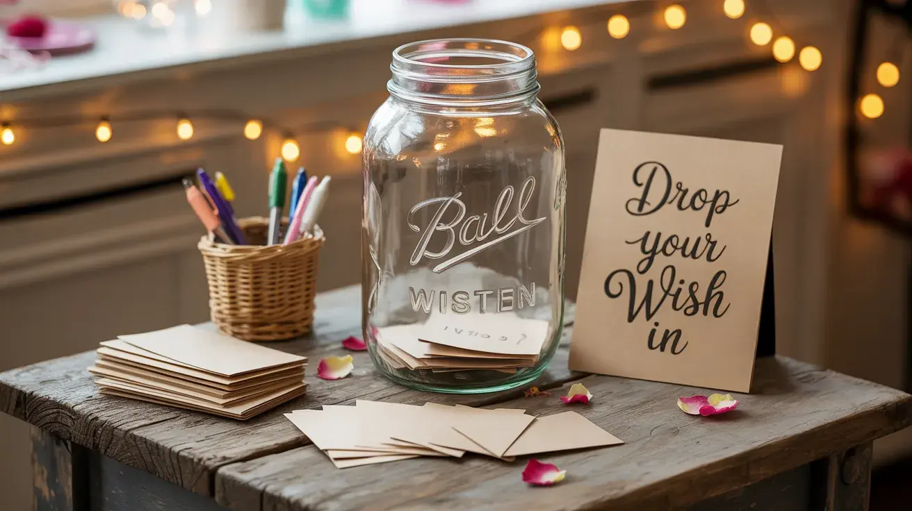 DIY birthday wish jar setup with note cards, pens, and a sign inviting guests to drop their wishes