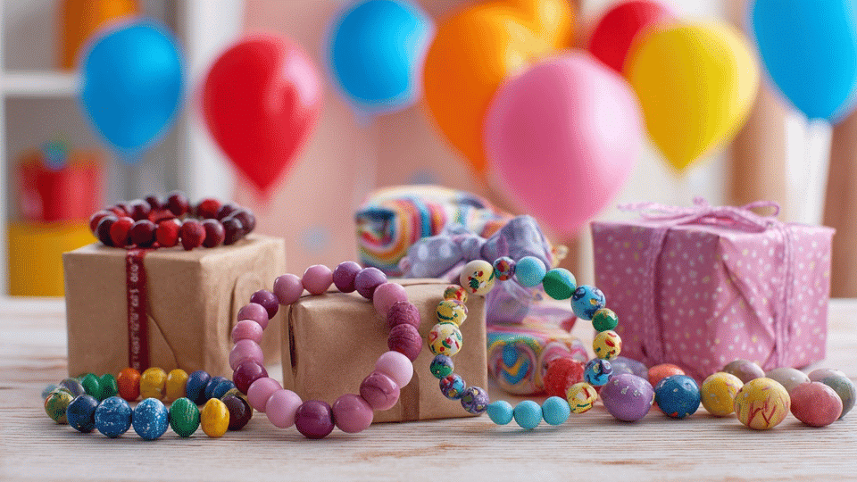 DIY craft items packed in colorful gift bags with tags as kids birthday party favors