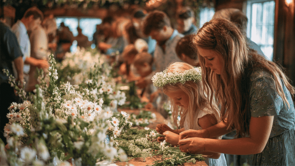 DIY flower crown station at a wedding reception with fresh flowers and simple crafting materials.