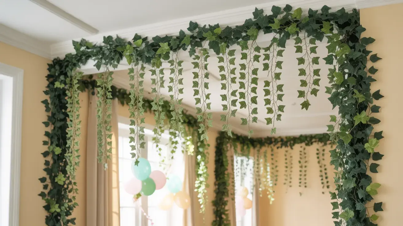 DIY greenery garland with hanging vines decorating a doorway for a natural birthday party setup