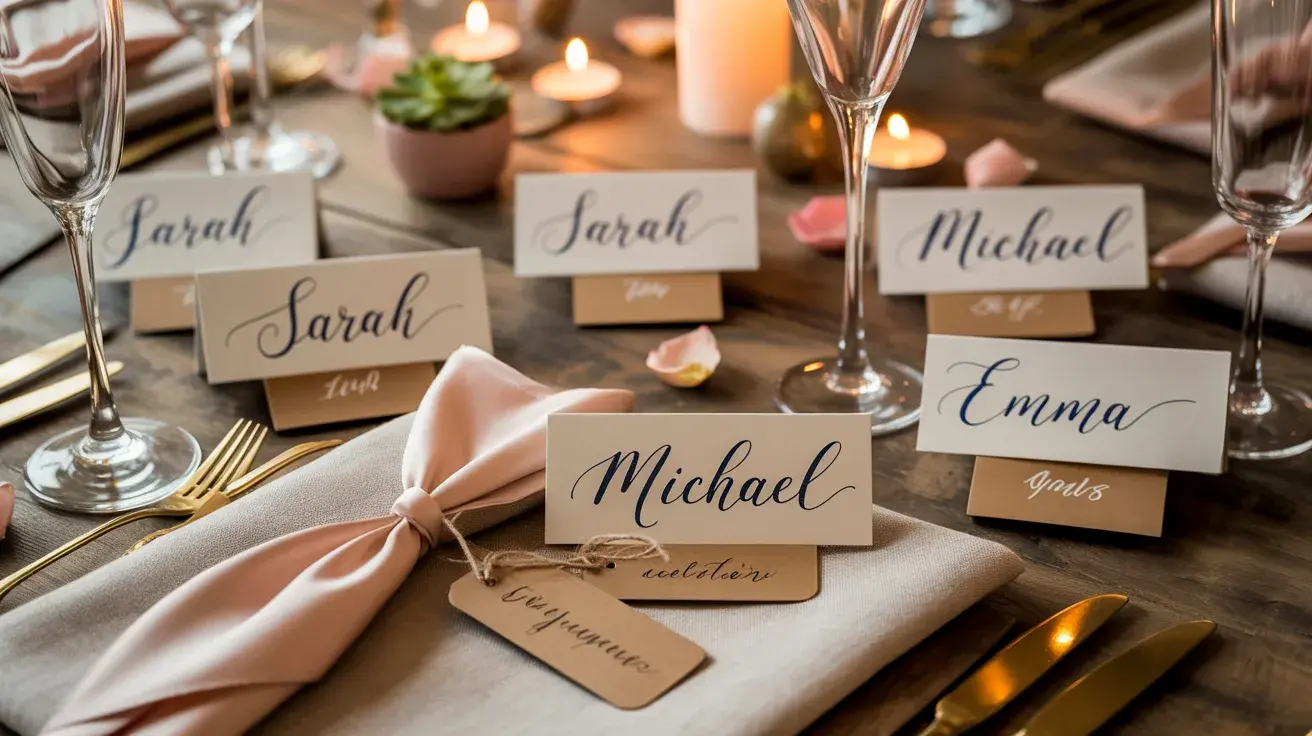 DIY handwritten place cards on a decorated table setting with candles, glassware, and soft party decor