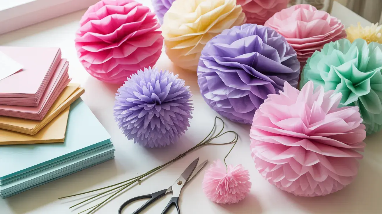 DIY paper pom-pom decorations in soft pastel colors with craft supplies arranged on a table