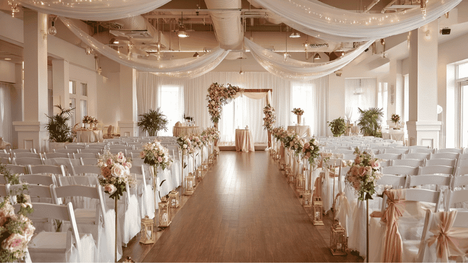 DIY wedding decorations with arch, aisle decor, tables and lights in full venue setup