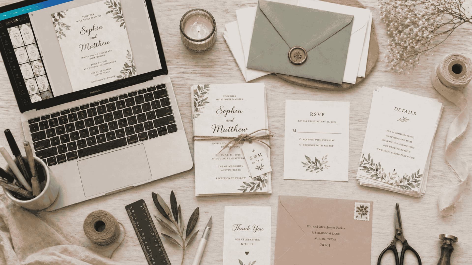 DIY wedding invitation workspace with tools, laptop, envelopes, and printed cards