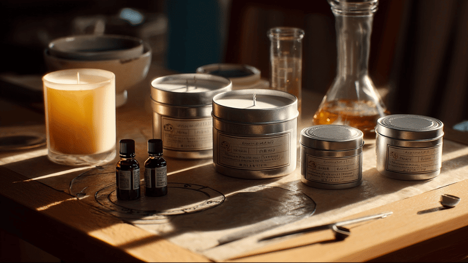 Handmade candle set on a table with wax, wicks, fragrance oils, pouring jug, and thermometer.