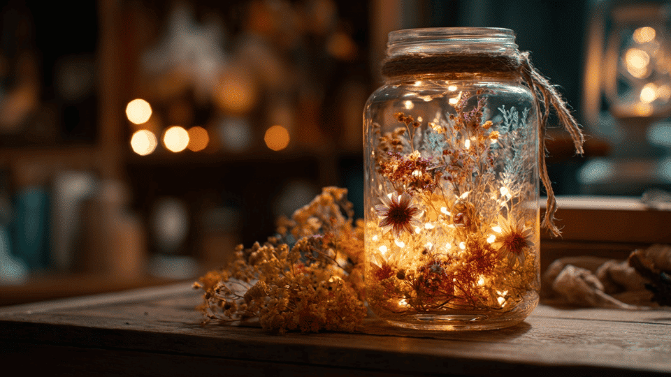 Decorative jar with fairy lights on a table with ribbon, dried flowers, and extra fillers.