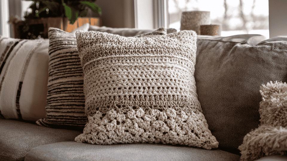 Crochet decorative pillow cover with textured stitches on a cozy couch