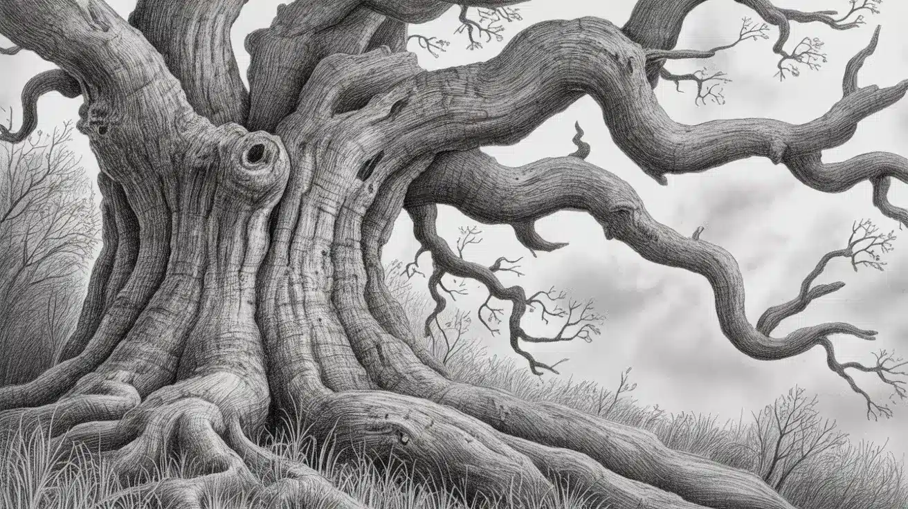 Detailed pencil sketch of an ancient tree with gnarled roots and twisted branches