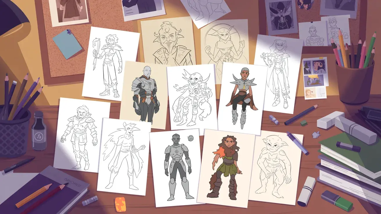 Digital illustration of a workspace with multiple character design sketches pinned and spread across a desk