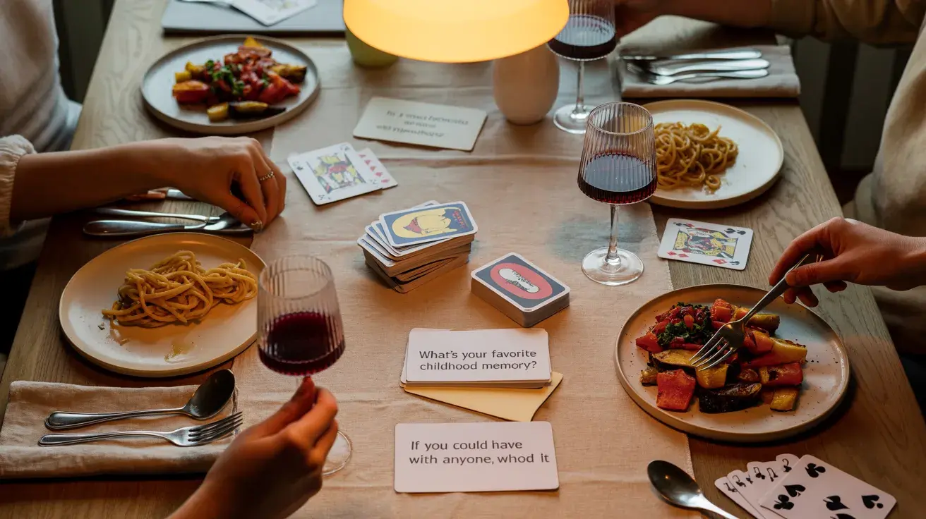 Dinner table with plates, wine glasses, and conversation cards alongside a casual card game in progress