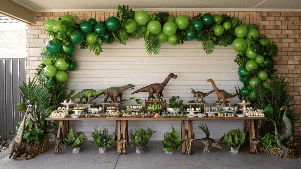 Dinosaur themed birthday party setup with green decorations and toy dinosaurs