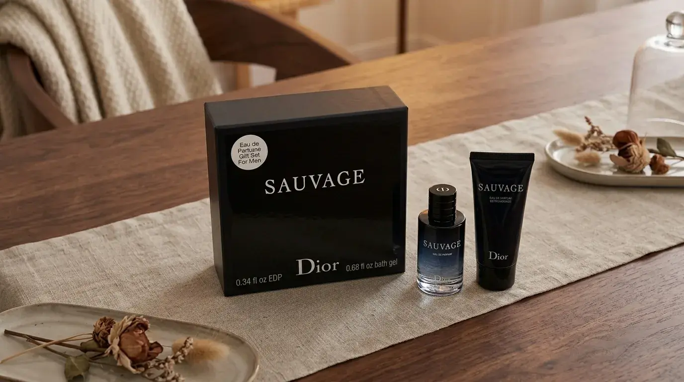 Dior Sauvage eau de parfum gift set displayed on a wooden table with bath gel and decorative dried flowers.