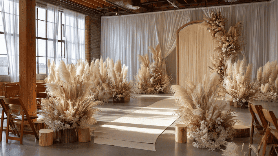 Dried flower centerpieces and aisle decor with pampas grass and eucalyptus, enhancing the rustic wedding theme