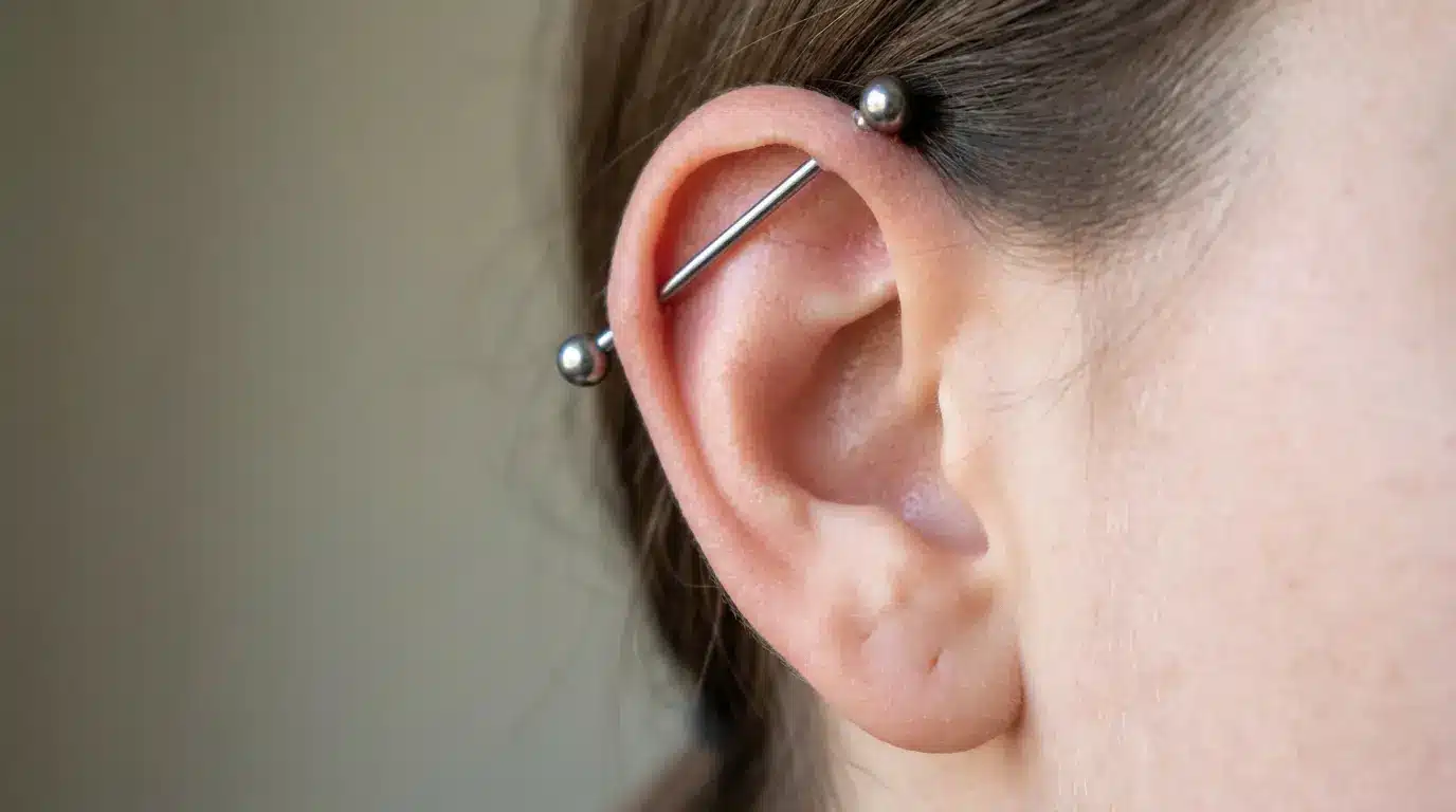 Ear with an industrial barbell piercing