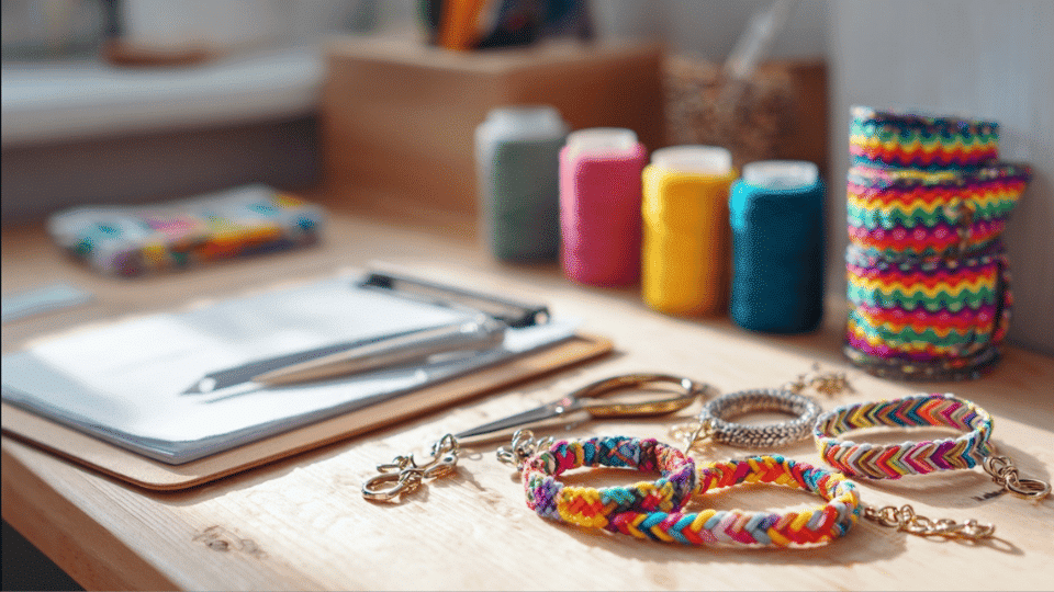 Friendship bracelets and yarn keychains on a table with thread, scissors, and tape.