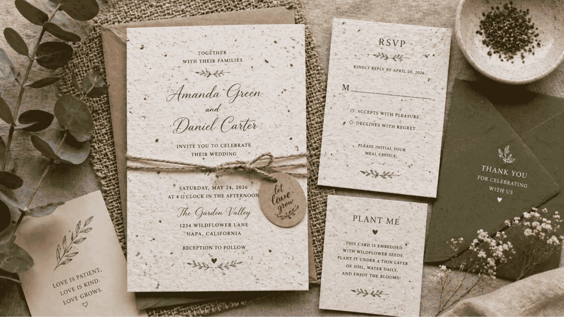 Eco-friendly wedding invitation on seed paper with natural textures