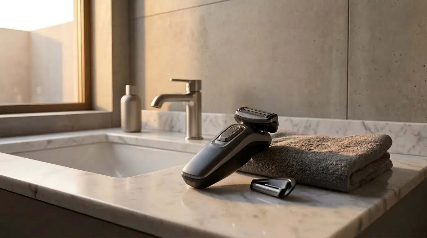 Electric shaver placed on a folded towel on a marble bathroom countertop.